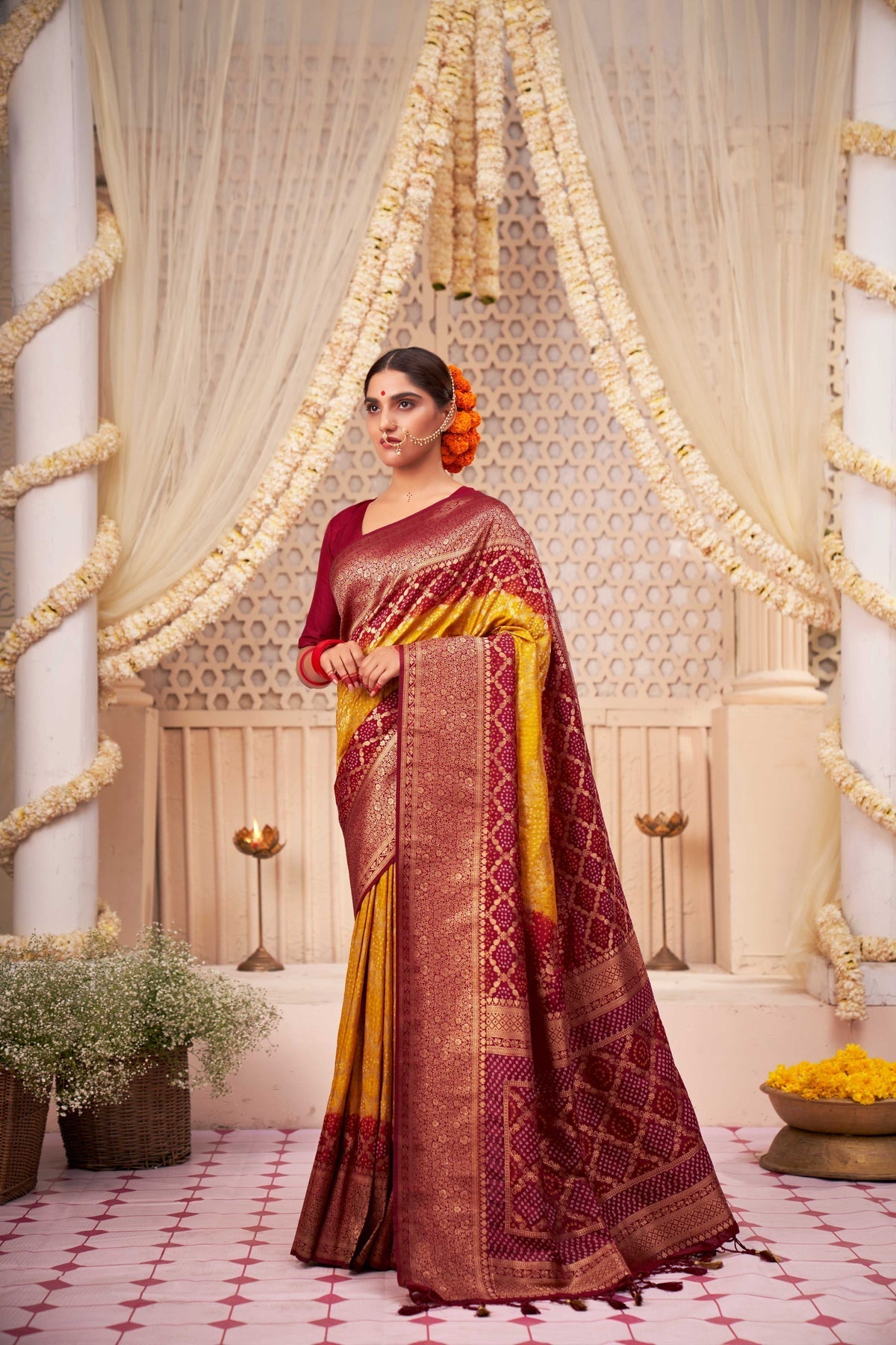 Fuel Yellow Gold Zari with Bandhej Bandhani Raw Silk Saree