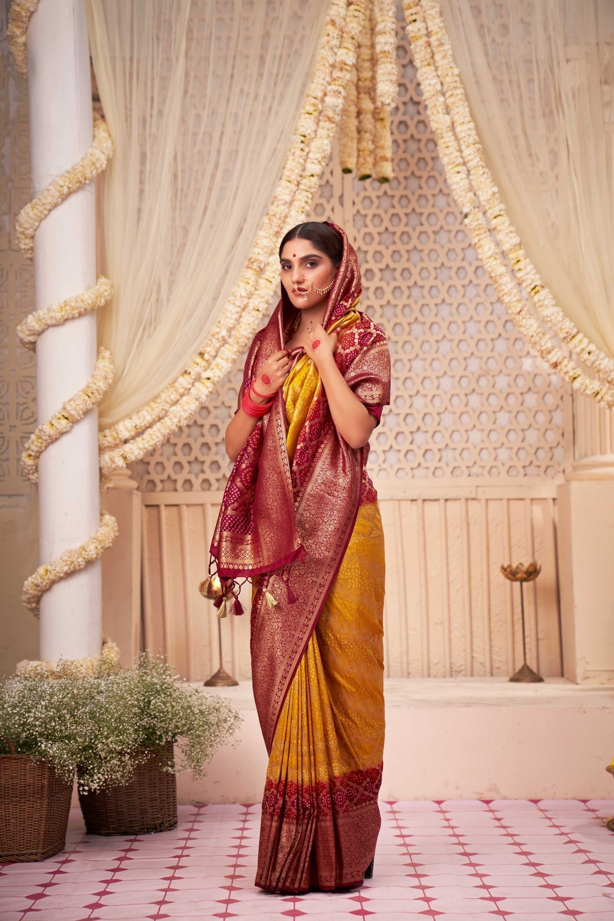 Fuel Yellow Gold Zari with Bandhej Bandhani Raw Silk Saree