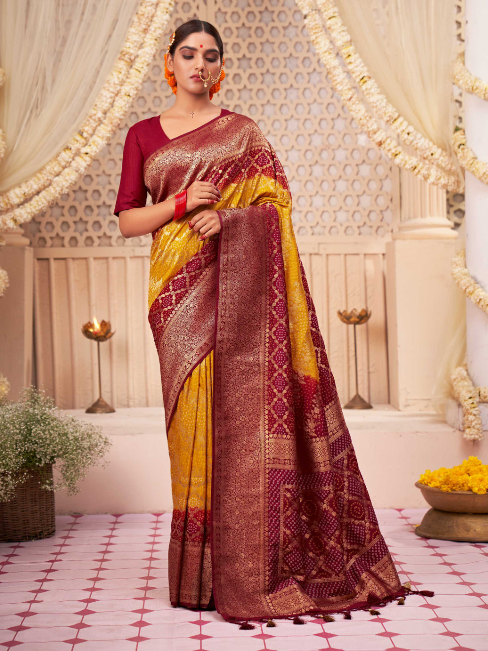 Fuel Yellow Gold Zari with Bandhej Bandhani Raw Silk Saree