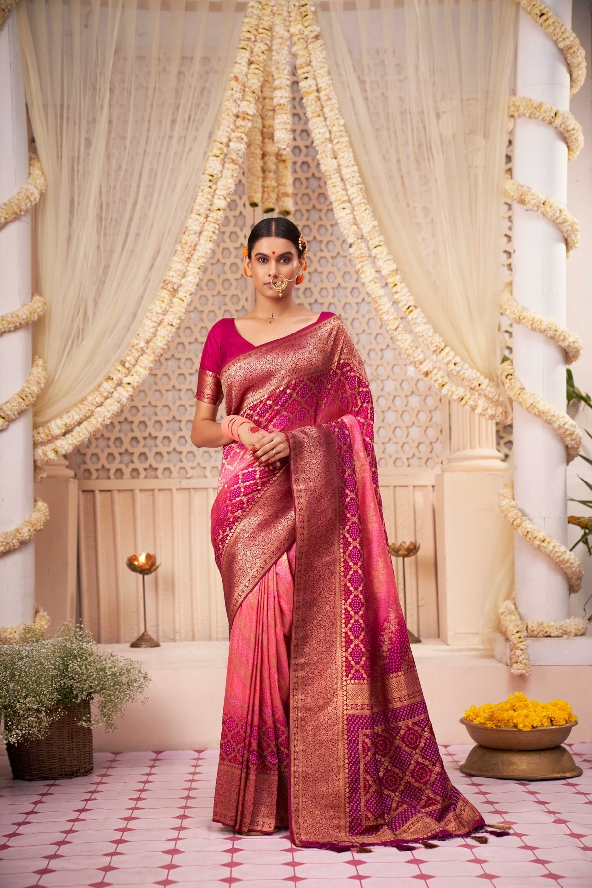 Sasquatch Pink Gold Zari with Bandhej Bandhani Raw Silk Saree