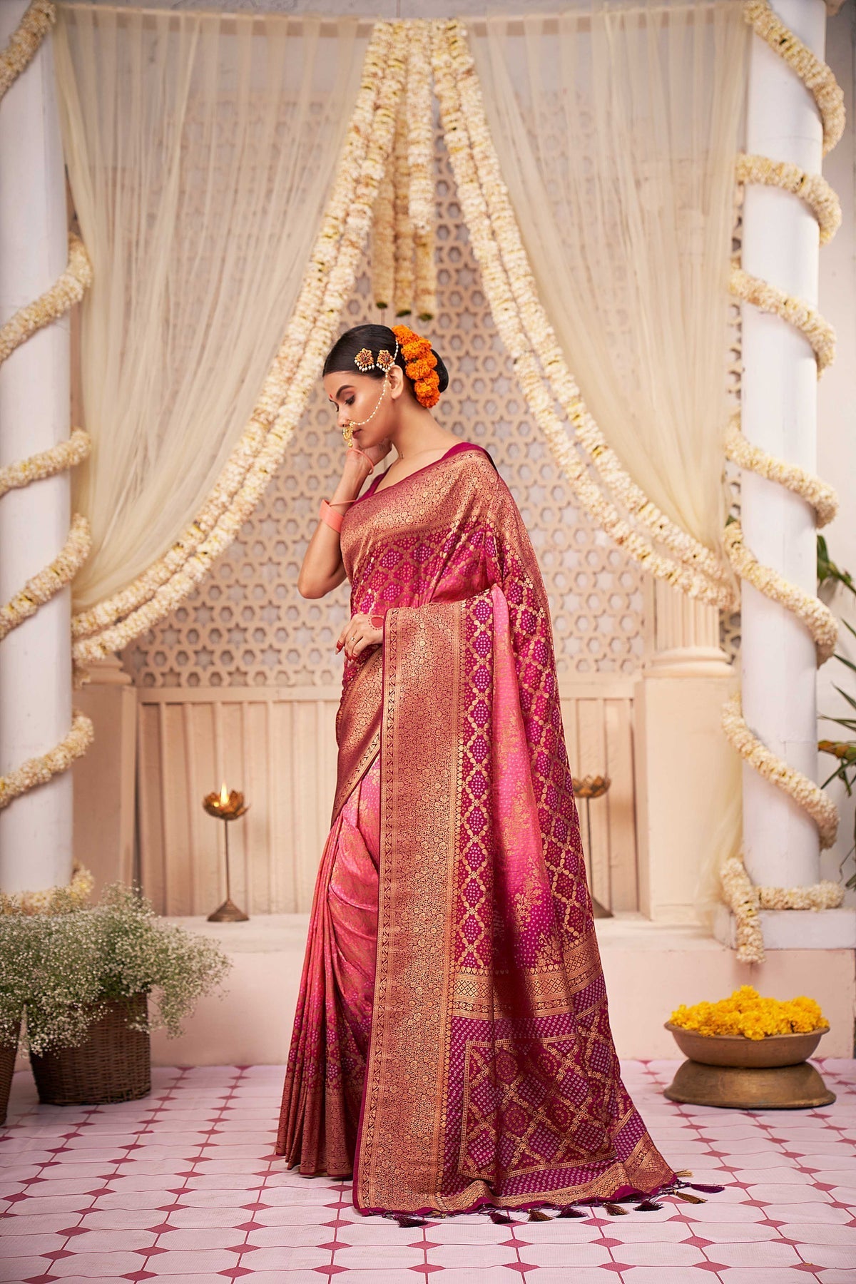 Sasquatch Pink Gold Zari with Bandhej Bandhani Raw Silk Saree