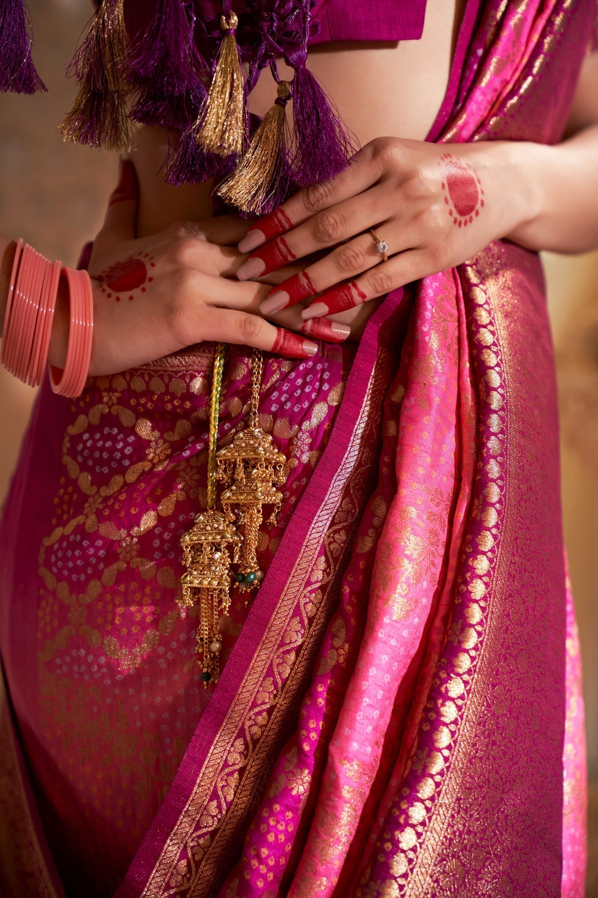 Sasquatch Pink Gold Zari with Bandhej Bandhani Raw Silk Saree