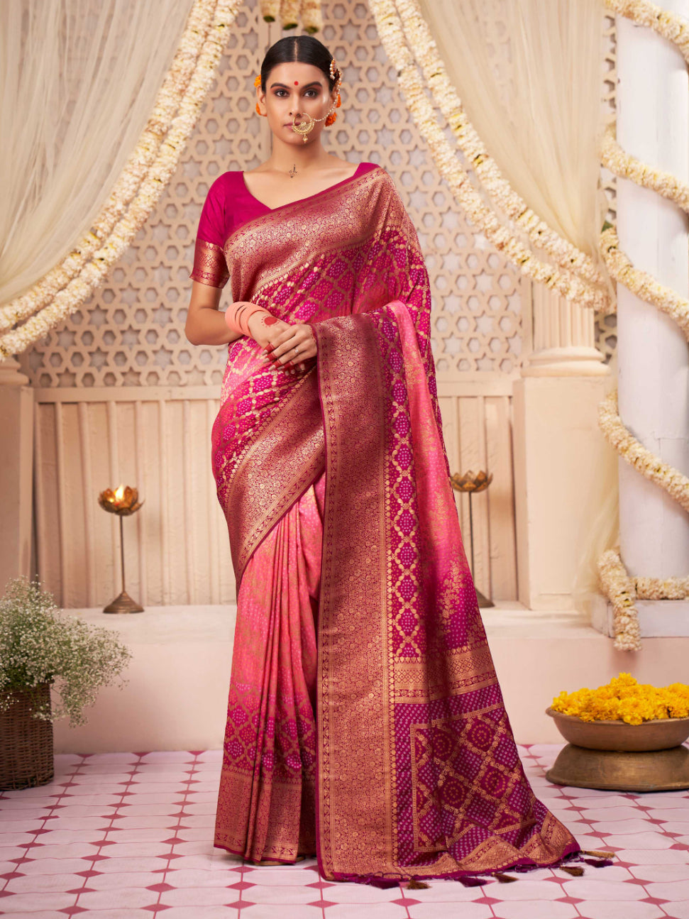 Sasquatch Pink Gold Zari with Bandhej Bandhani Raw Silk Saree