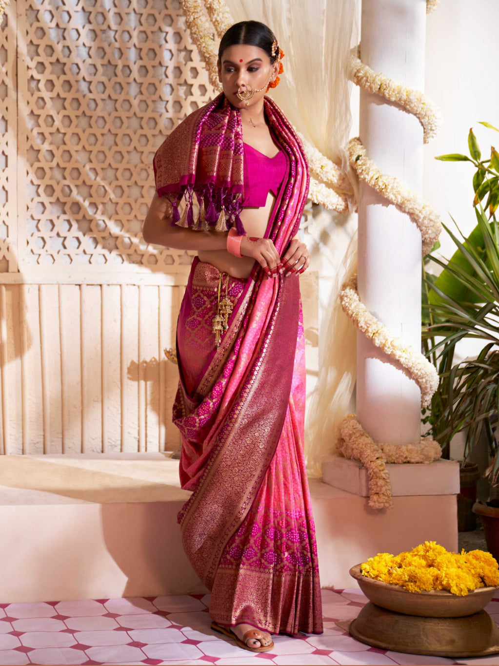 Sasquatch Pink Gold Zari with Bandhej Bandhani Raw Silk Saree