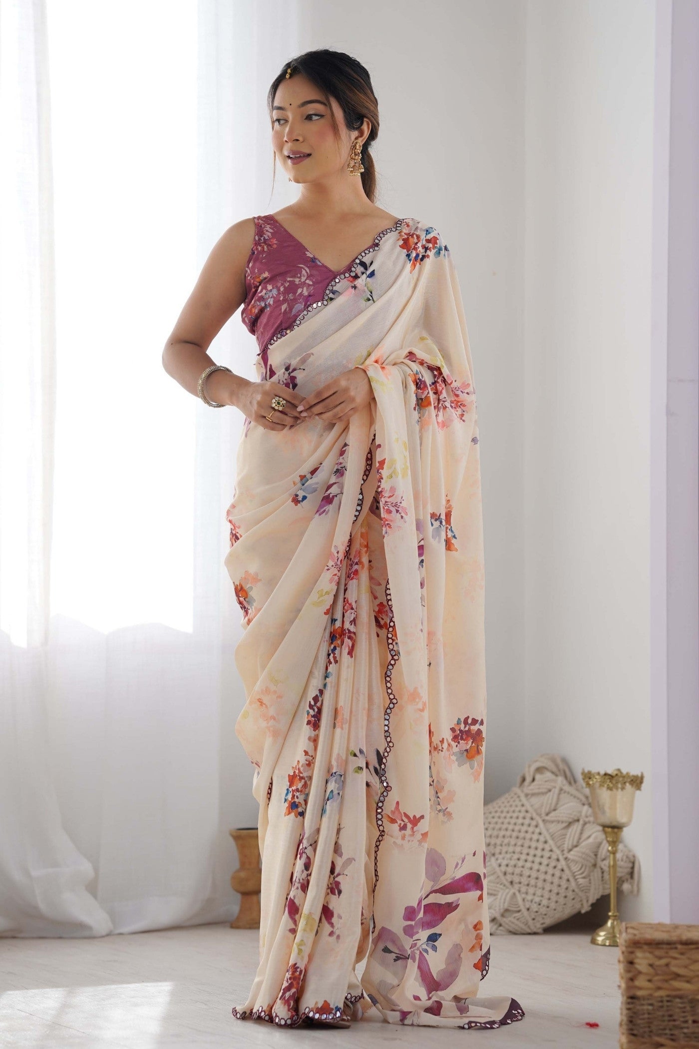 Vanila Cream Digital Printed Chinon Saree