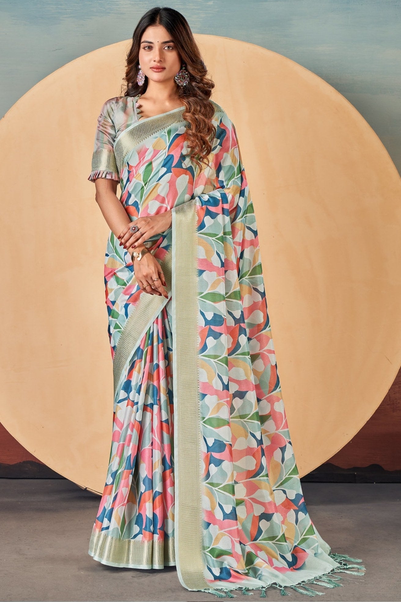 Snow White Banarasi Digital Printed Saree