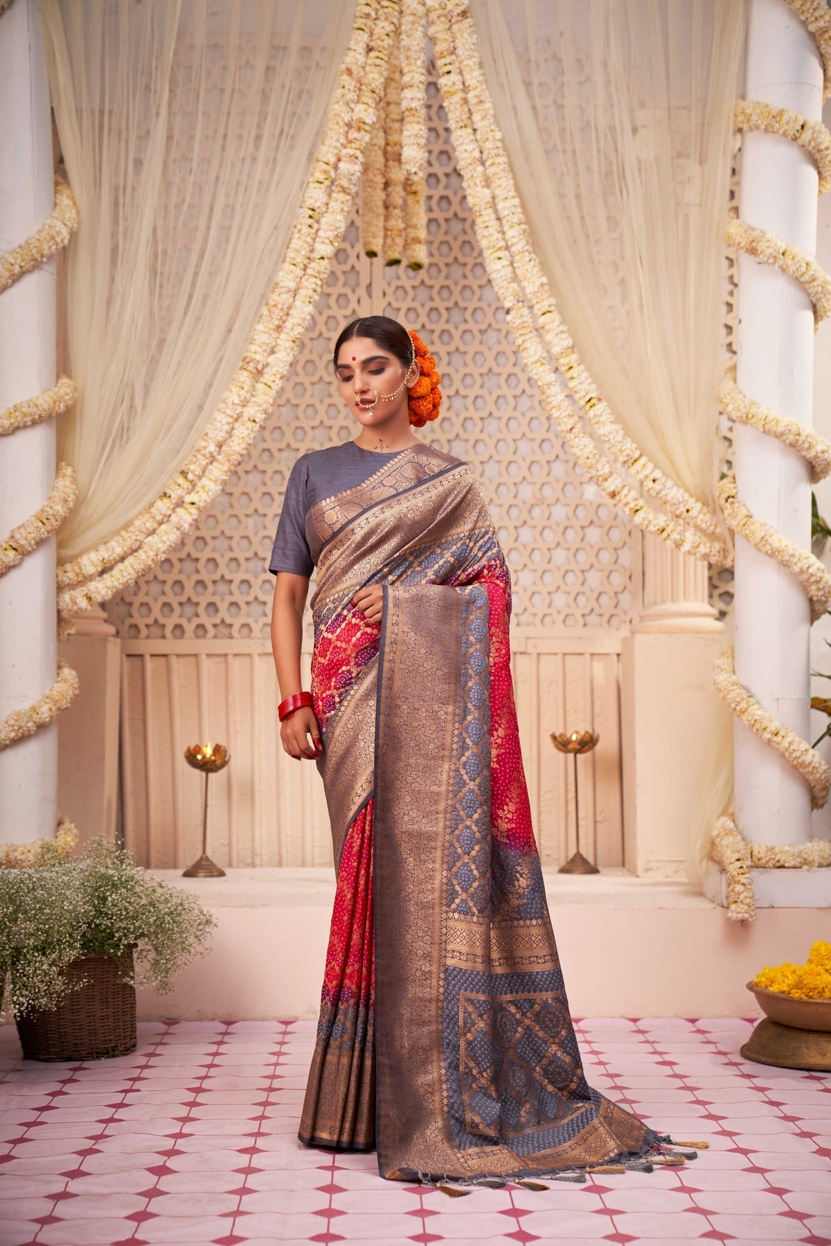 Amaranth Red Gold Zari with Bandhej Bandhani Raw Silk Saree