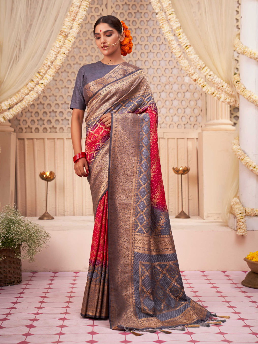 Amaranth Red Gold Zari with Bandhej Bandhani Raw Silk Saree