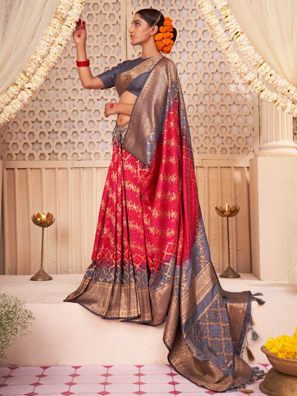 Amaranth Red Gold Zari with Bandhej Bandhani Raw Silk Saree