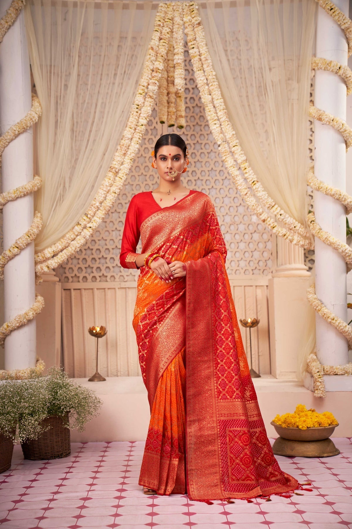 Roof Terracotta Red Gold Zari with Bandhej Bandhani Raw Silk Saree