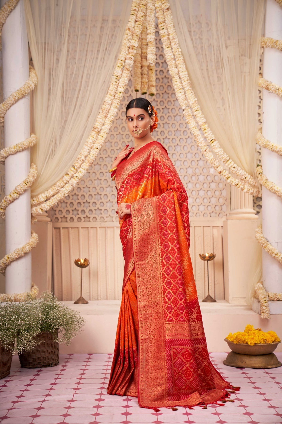 Roof Terracotta Red Gold Zari with Bandhej Bandhani Raw Silk Saree