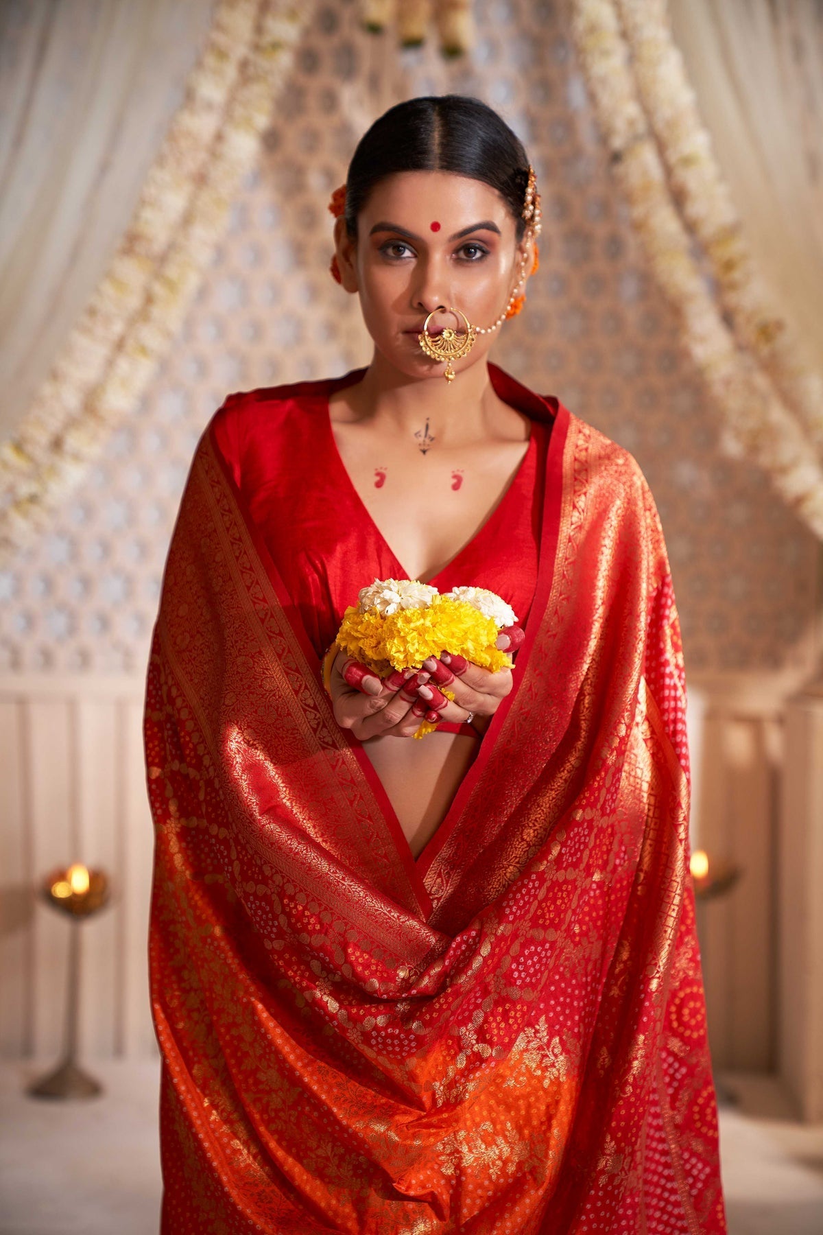 Roof Terracotta Red Gold Zari with Bandhej Bandhani Raw Silk Saree