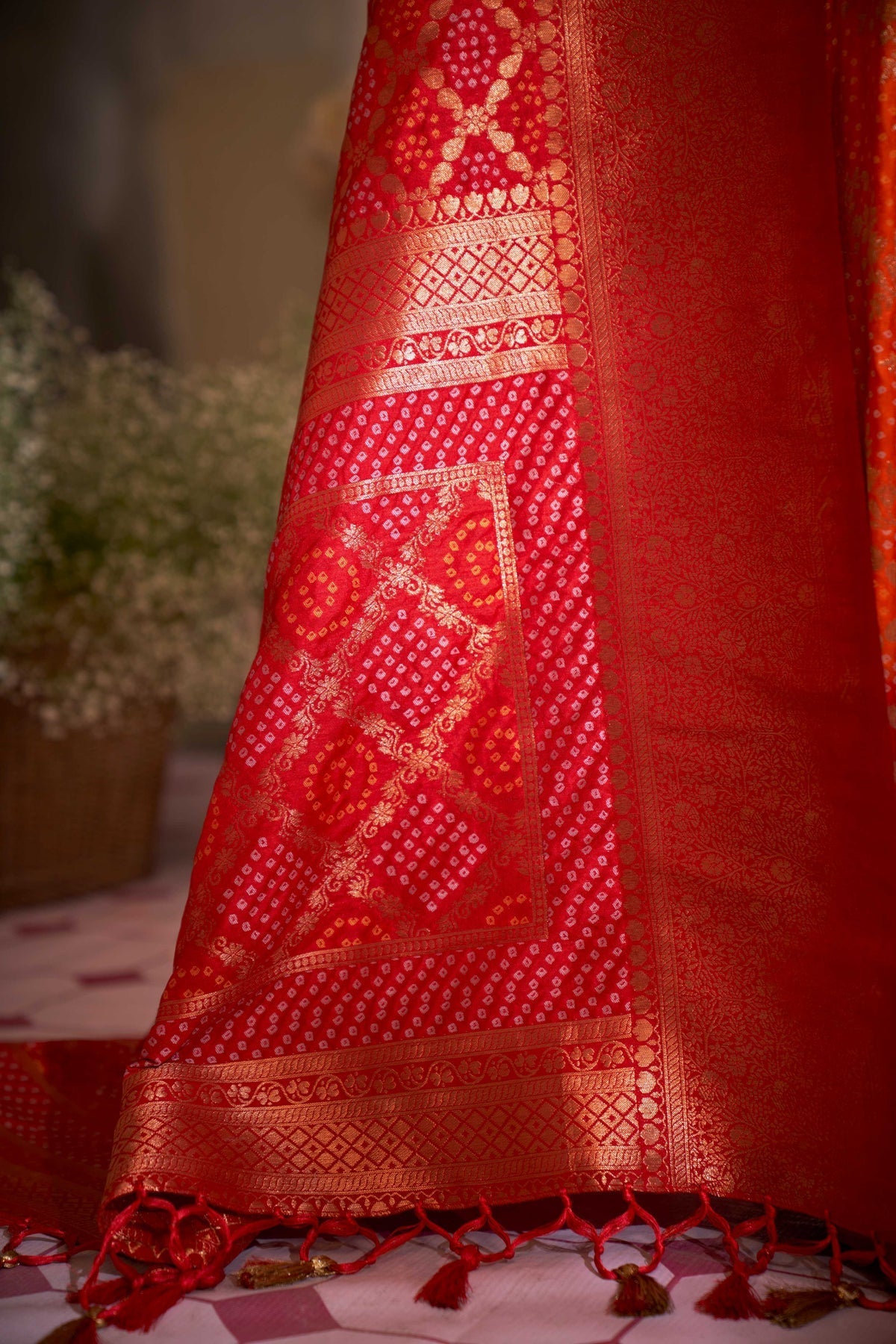 Roof Terracotta Red Gold Zari with Bandhej Bandhani Raw Silk Saree