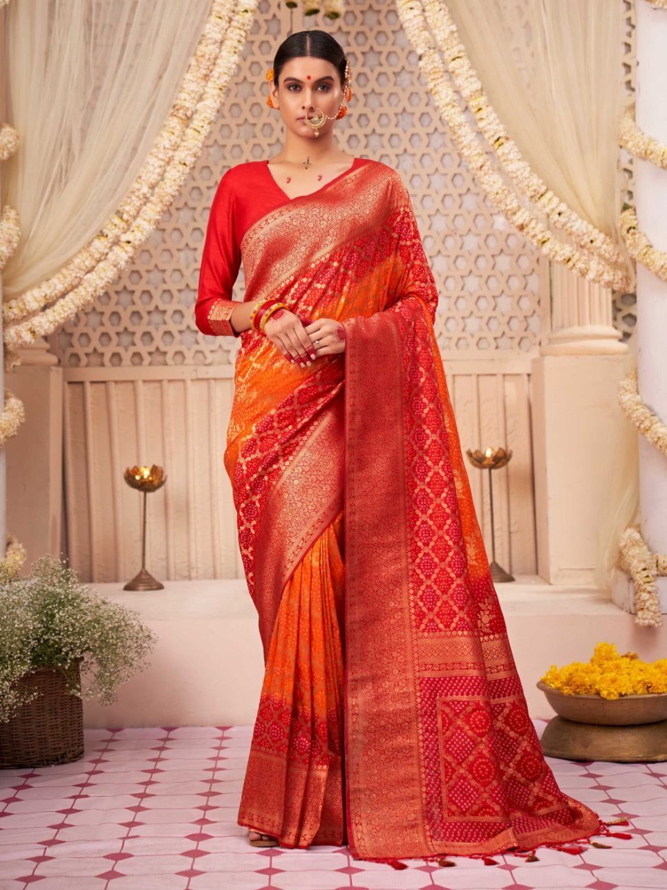 Roof Terracotta Red Gold Zari with Bandhej Bandhani Raw Silk Saree