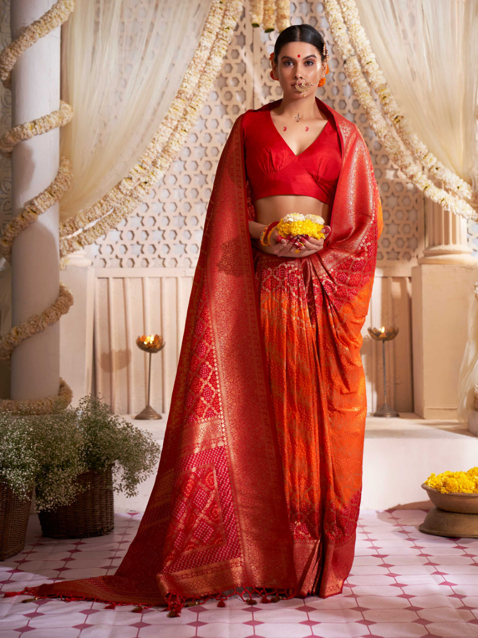 Roof Terracotta Red Gold Zari with Bandhej Bandhani Raw Silk Saree