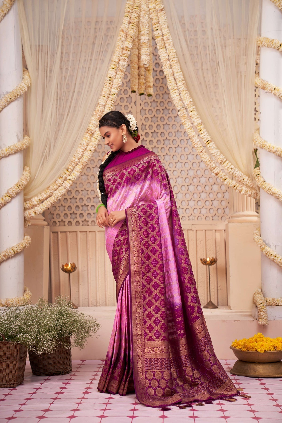 Lavender Rose Pink Gold Zari with Bandhej Bandhani Raw Silk Saree