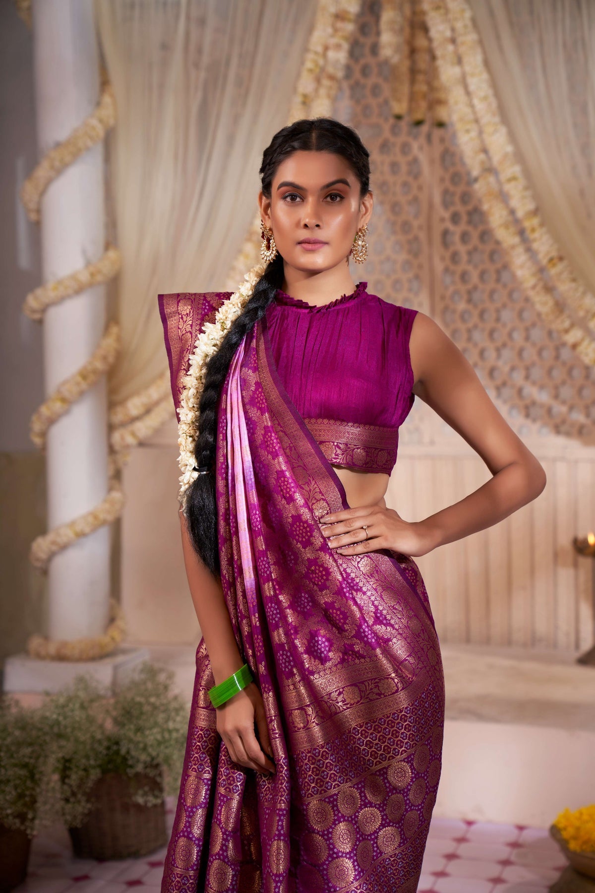 Lavender Rose Pink Gold Zari with Bandhej Bandhani Raw Silk Saree