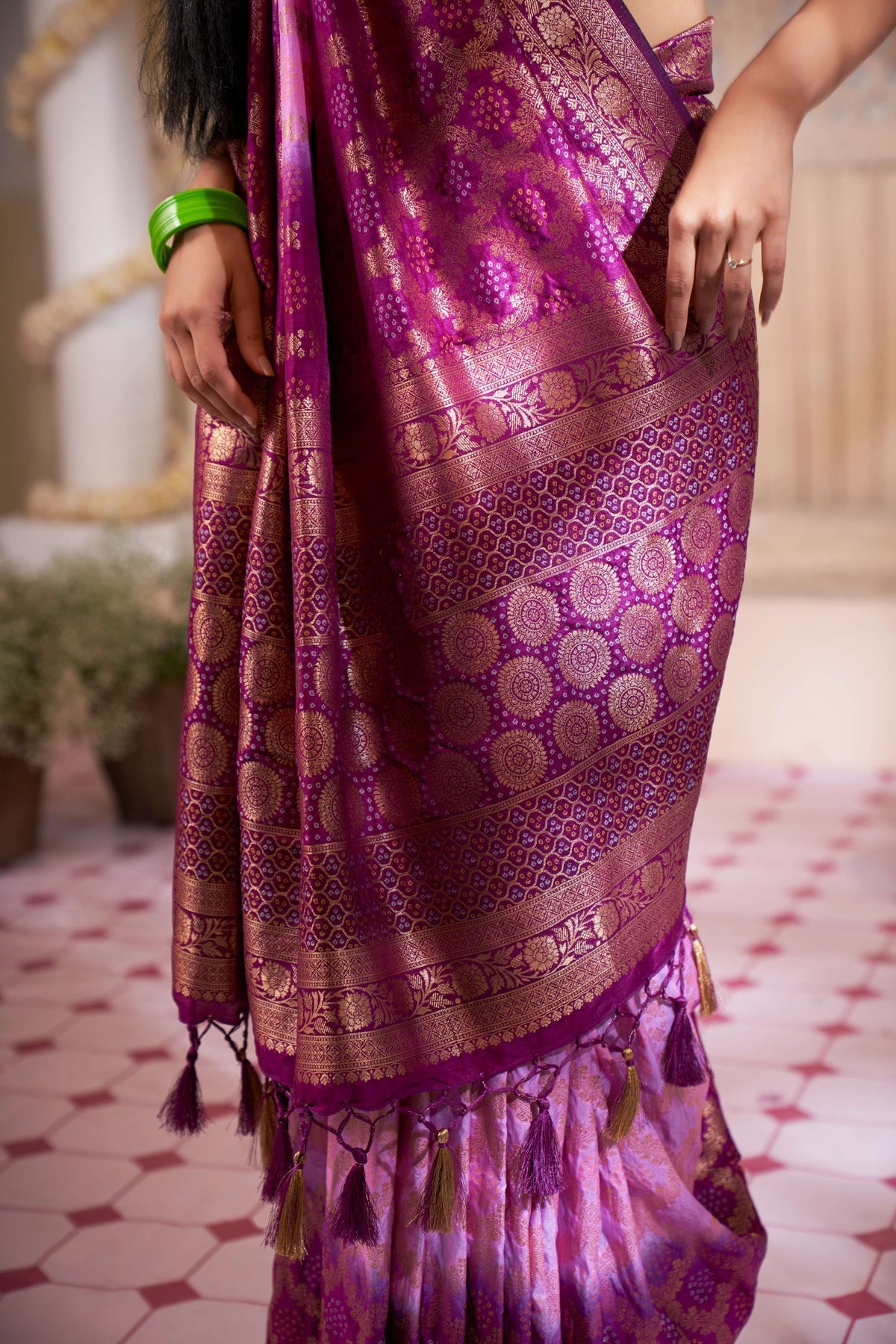 Lavender Rose Pink Gold Zari with Bandhej Bandhani Raw Silk Saree