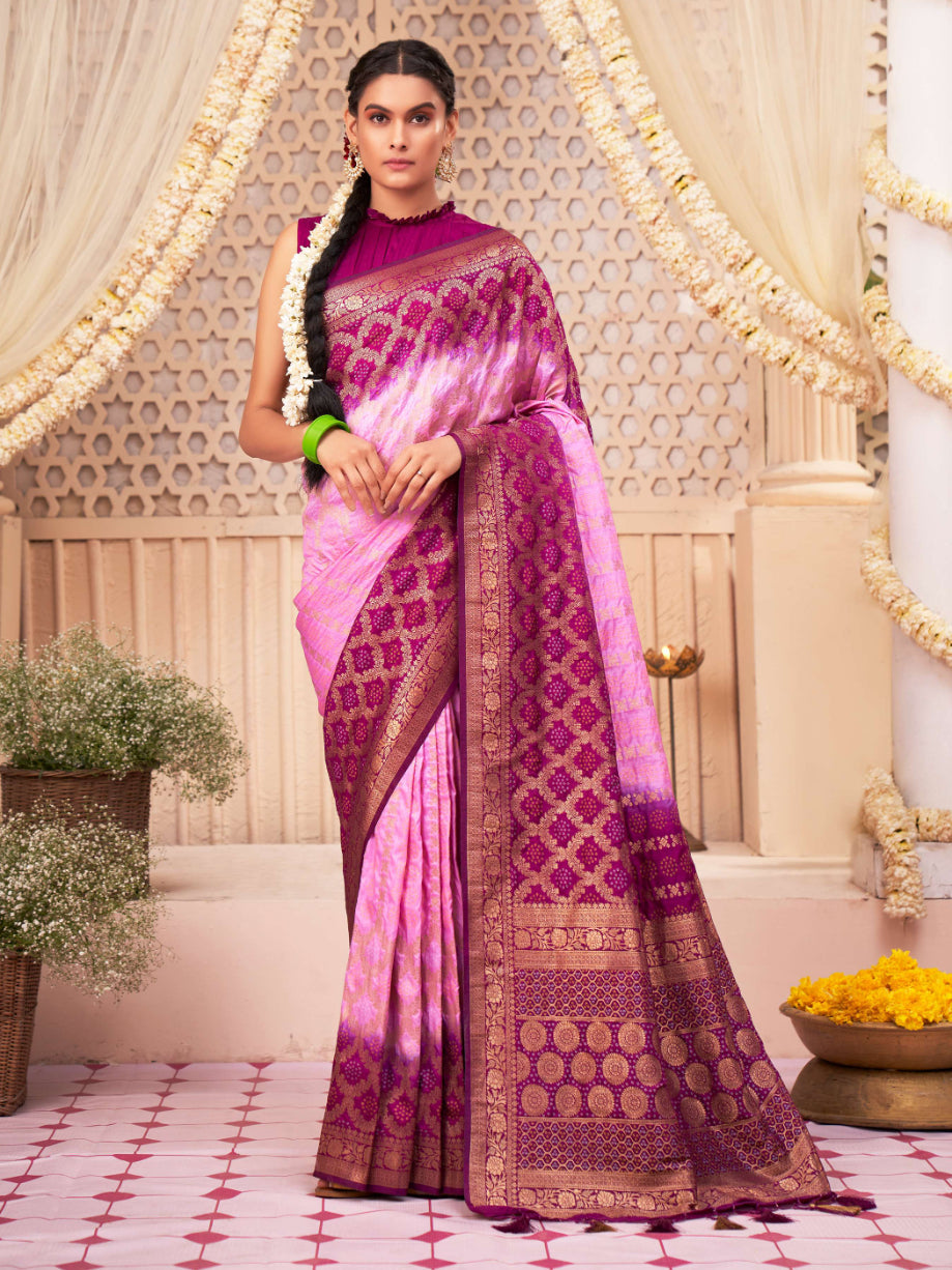 Lavender Rose Pink Gold Zari with Bandhej Bandhani Raw Silk Saree