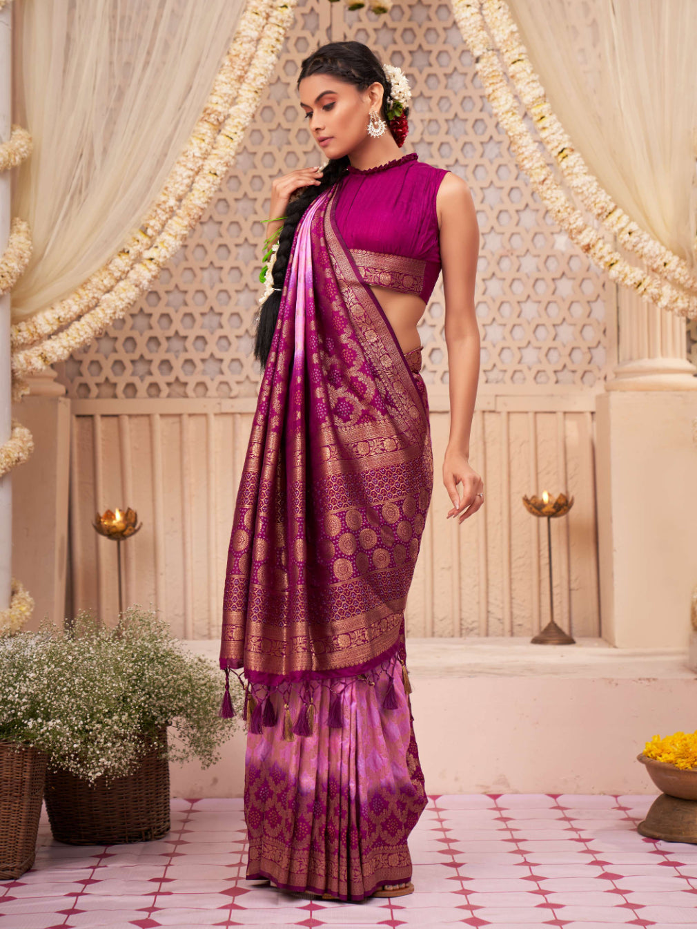 Lavender Rose Pink Gold Zari with Bandhej Bandhani Raw Silk Saree