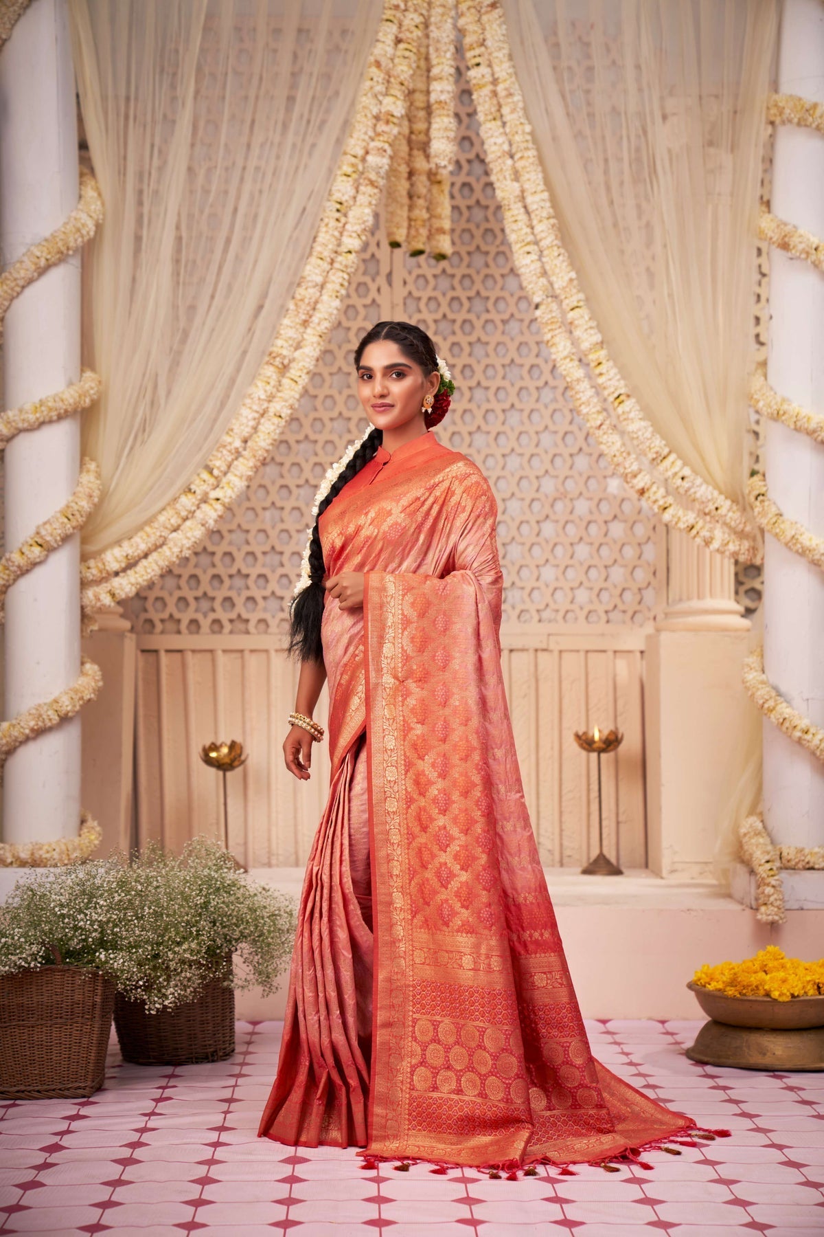 Atomic Tangerine Orange Gold Zari with Bandhej Bandhani Raw Silk Saree