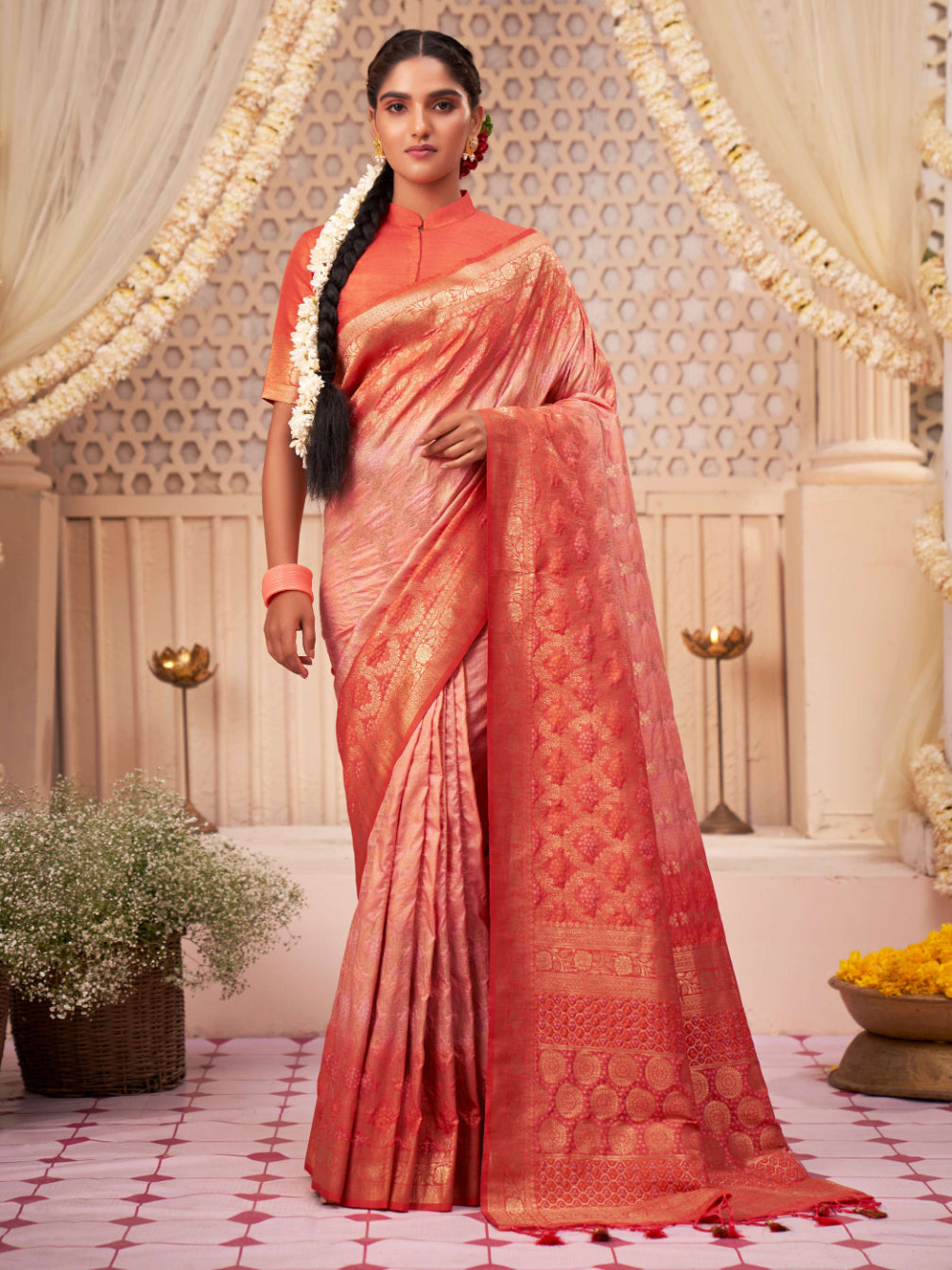 Atomic Tangerine Orange Gold Zari with Bandhej Bandhani Raw Silk Saree