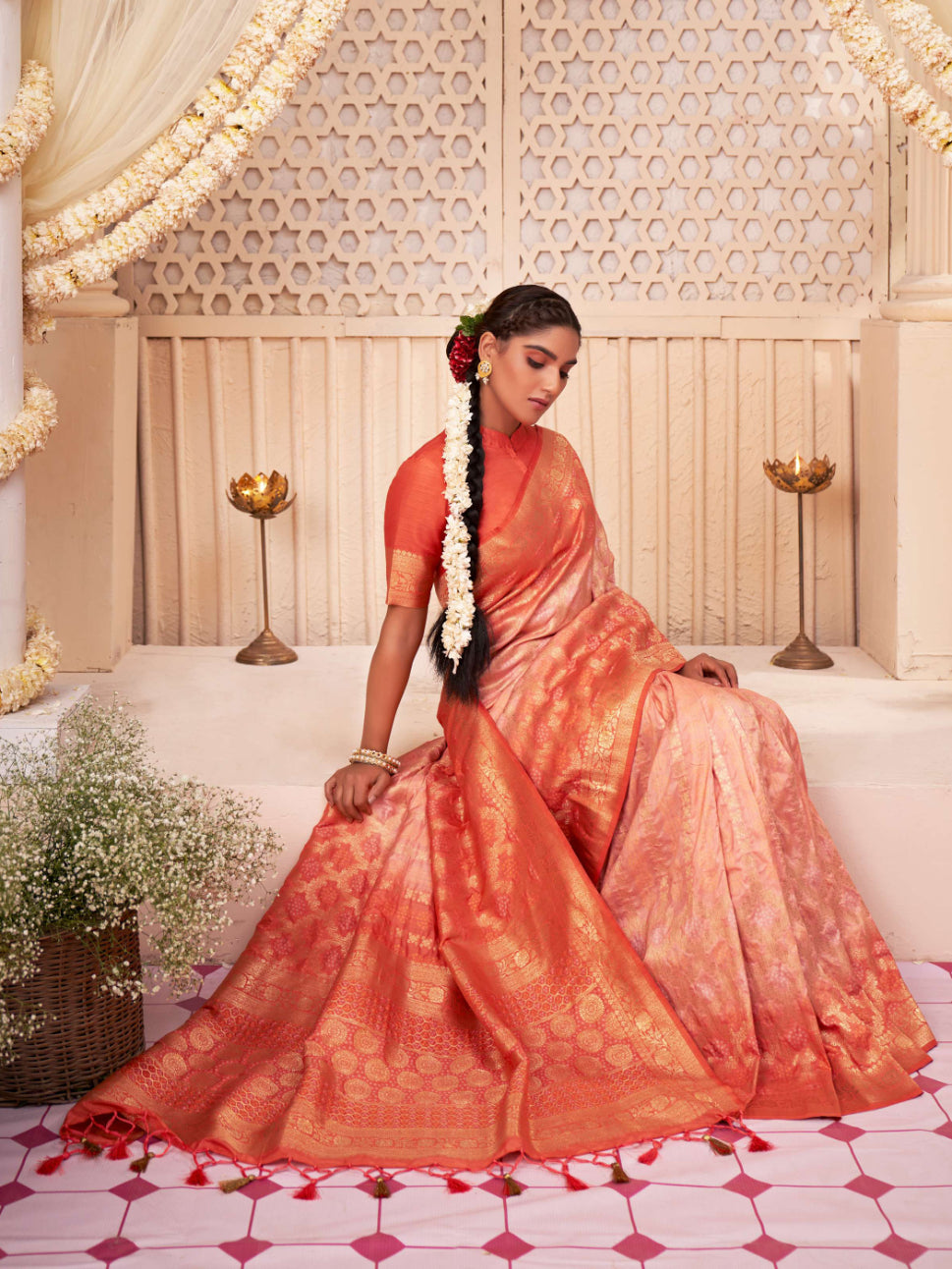 Atomic Tangerine Orange Gold Zari with Bandhej Bandhani Raw Silk Saree