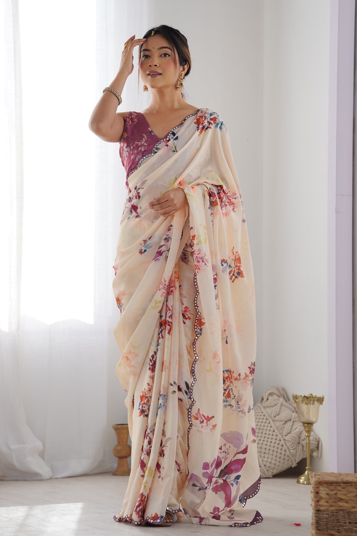 Vanila Cream Digital Printed Chinon Saree