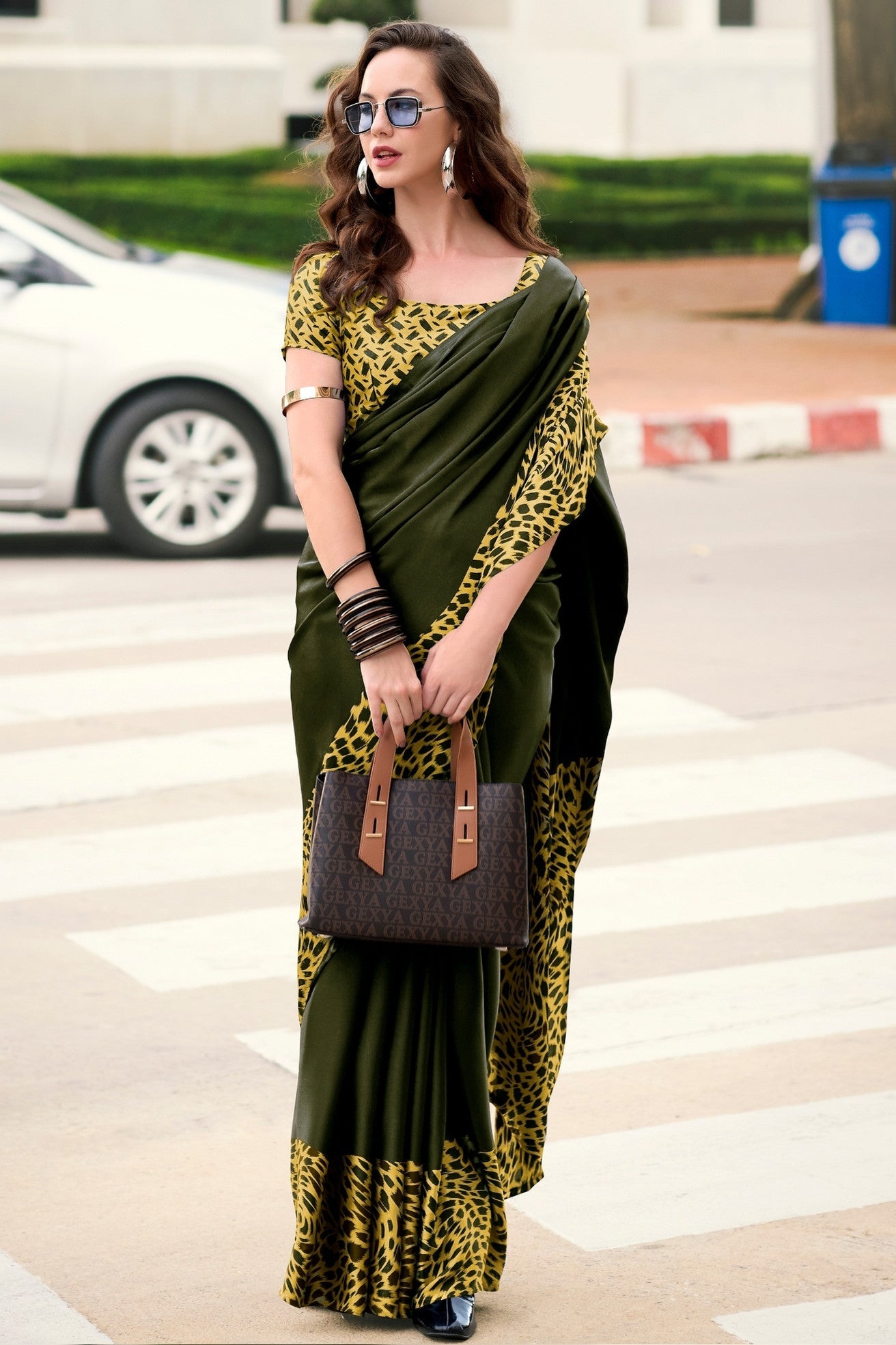 Shark Green Printed Satin Crepe Saree