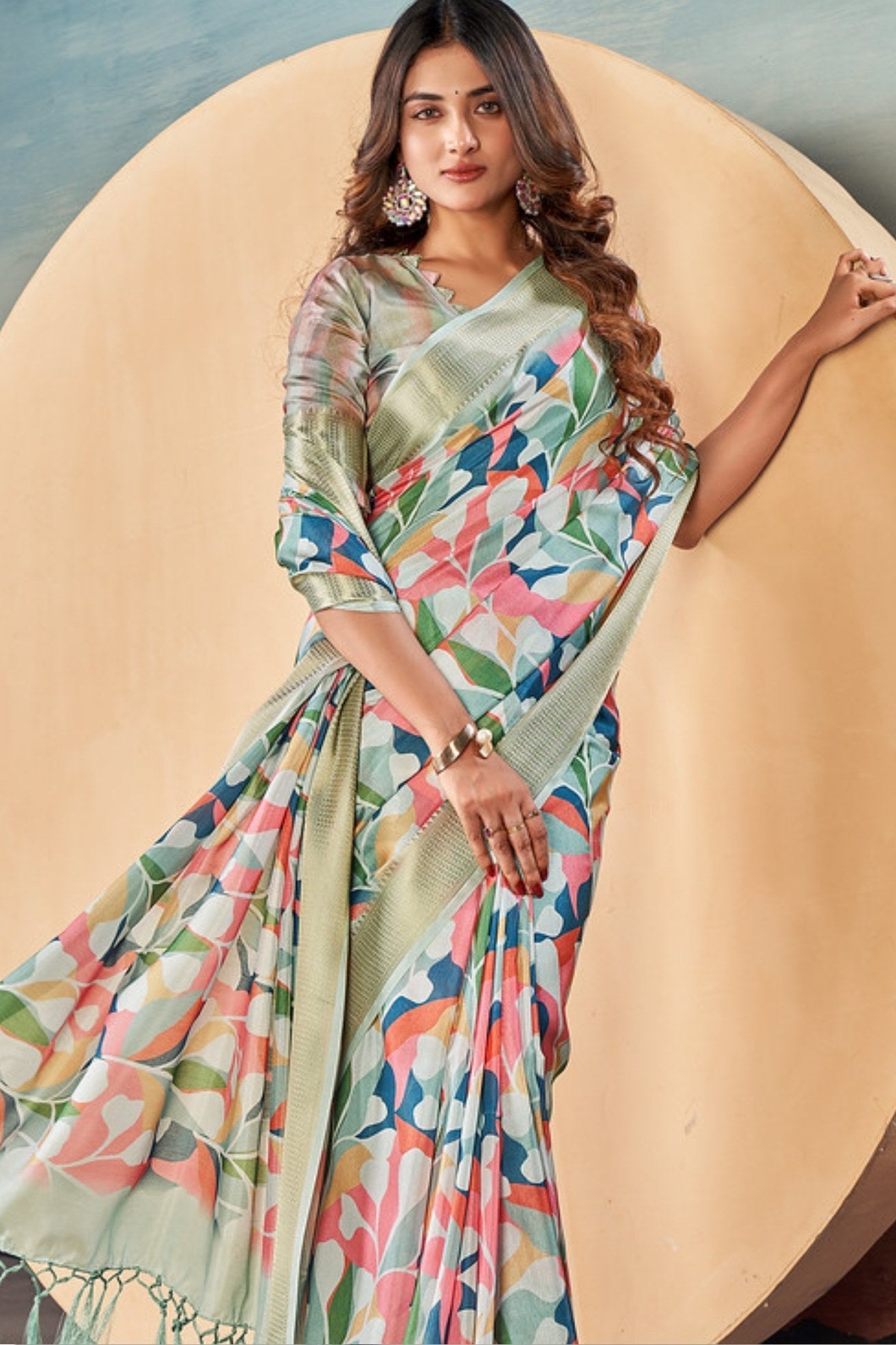 Snow White Banarasi Digital Printed Saree