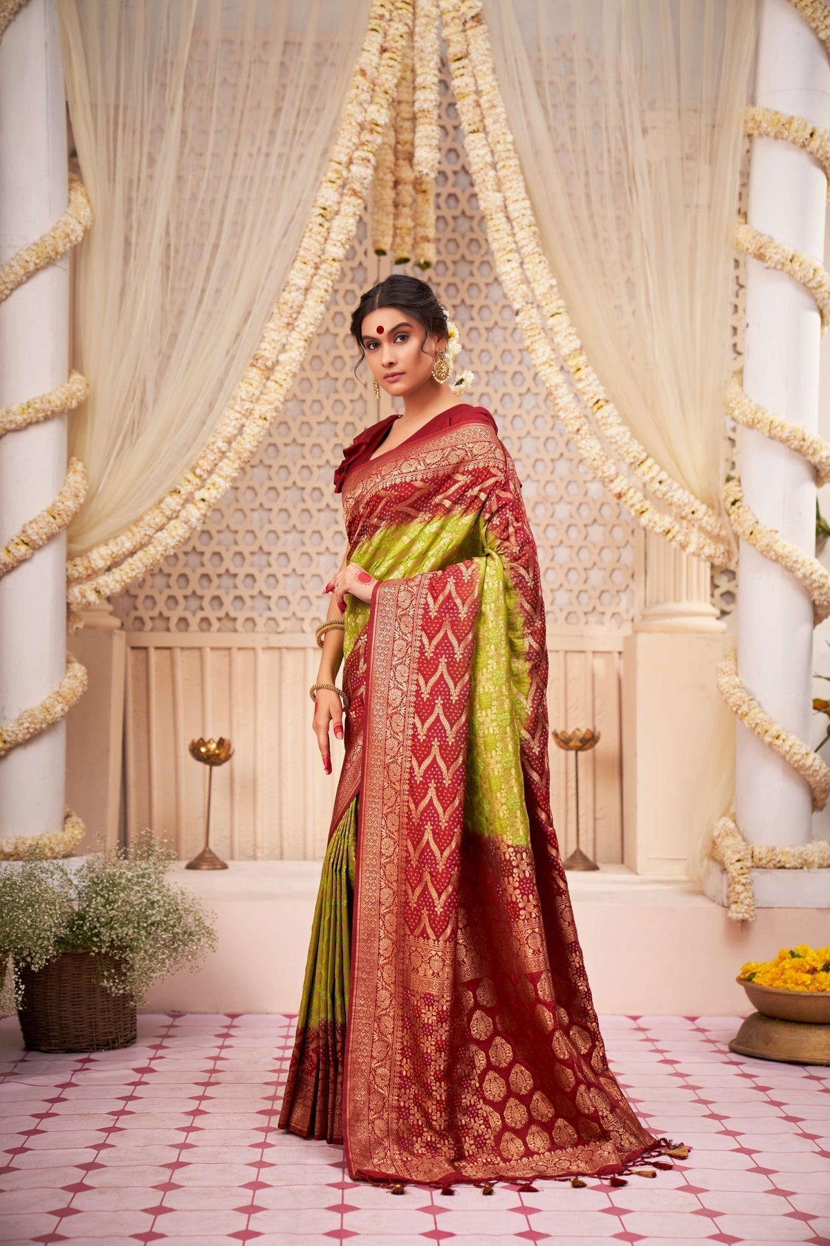 Reef Green Gold Zari with Bandhej Bandhani Raw Silk Saree