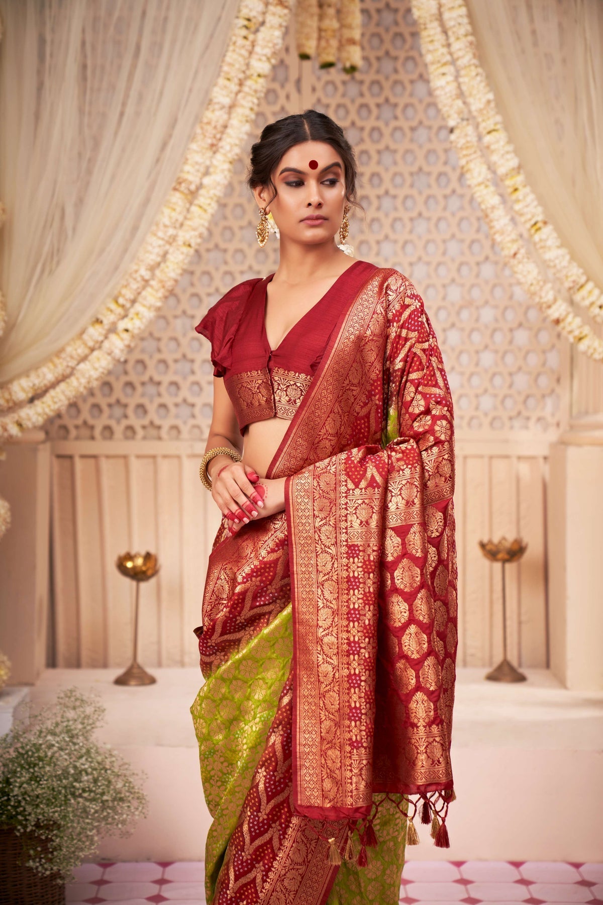 Reef Green Gold Zari with Bandhej Bandhani Raw Silk Saree