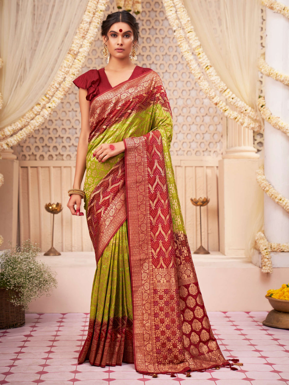 Reef Green Gold Zari with Bandhej Bandhani Raw Silk Saree