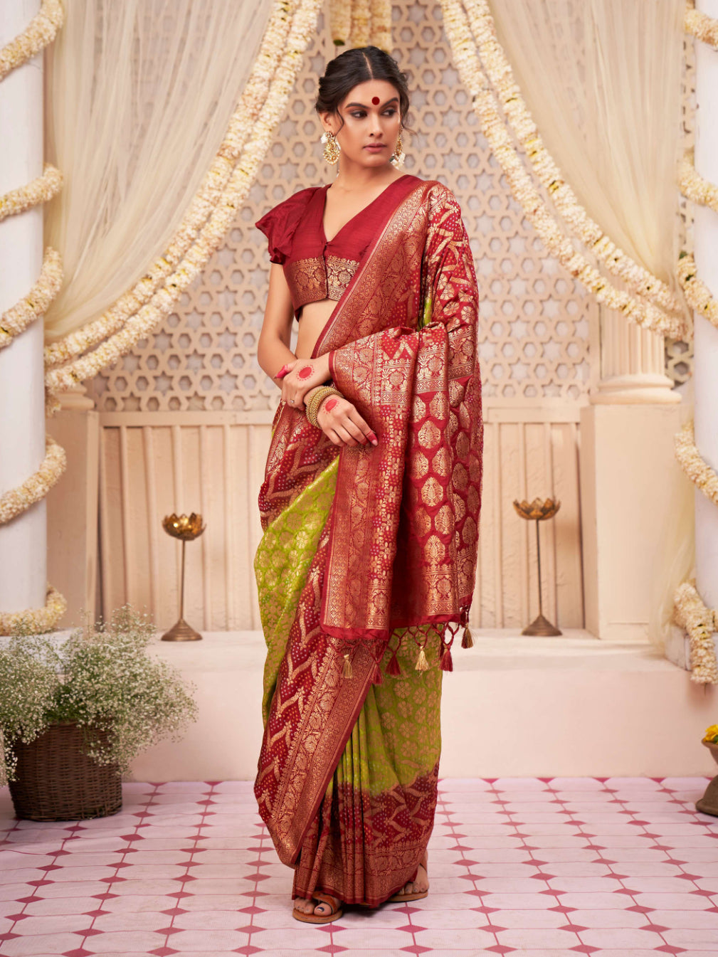 Reef Green Gold Zari with Bandhej Bandhani Raw Silk Saree