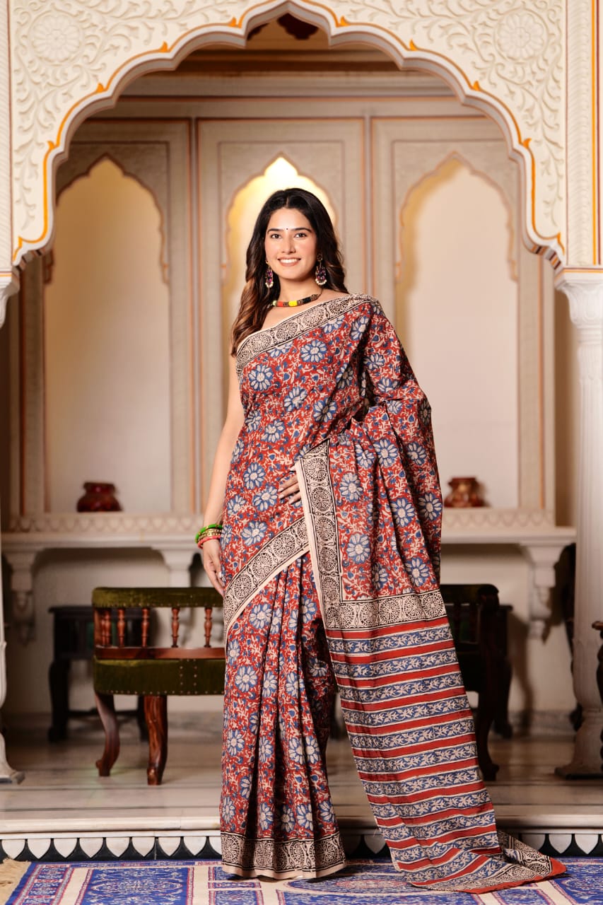 Quicksand Brown Pure Cotton Handblock Printed Saree