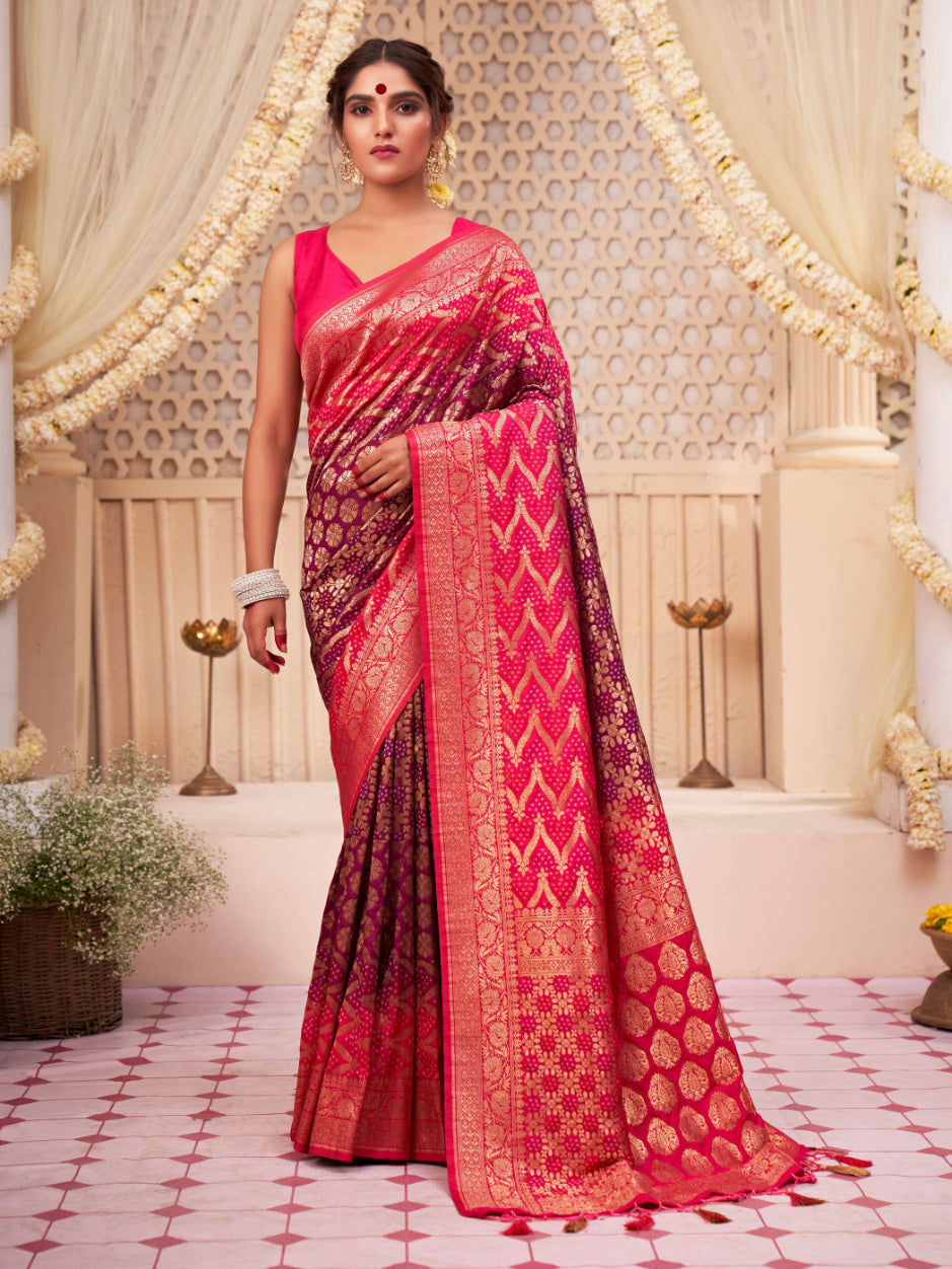 Apple Blossom Brown Gold Zari with Bandhej Bandhani Raw Silk Saree