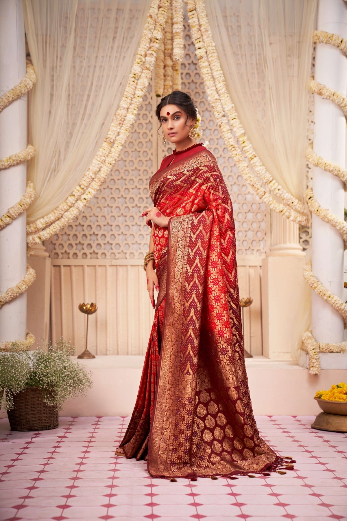 Persian Red Gold Zari with Bandhej Bandhani Raw Silk Saree