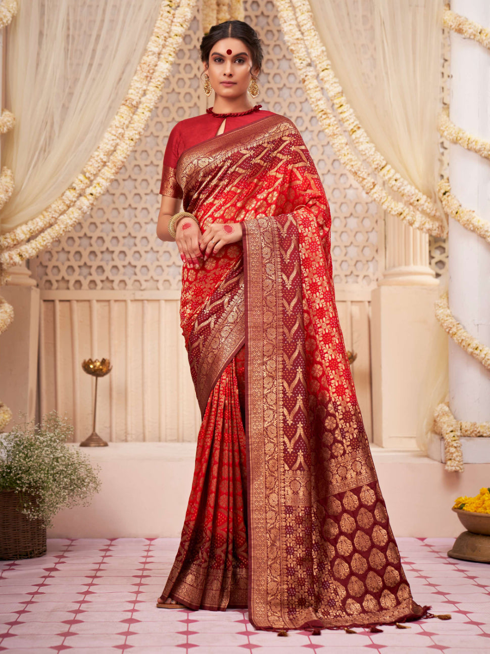 Persian Red Gold Zari with Bandhej Bandhani Raw Silk Saree