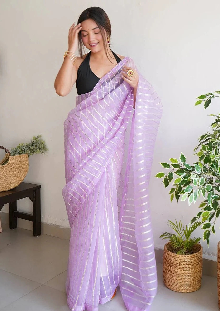 Soft Refined Organza Silk Saree With Silver Gota Work