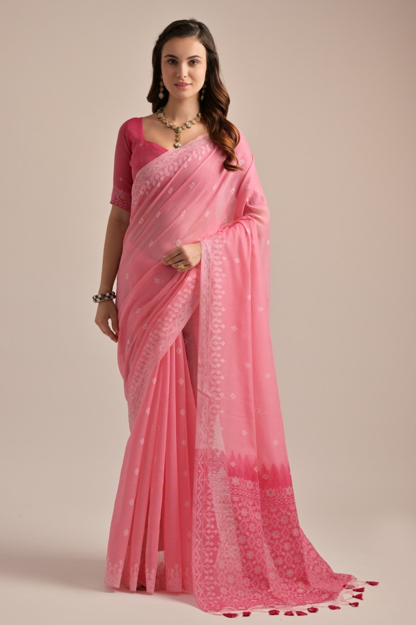 Tonys Pink Lucknowi Woven Muga Cotton Saree