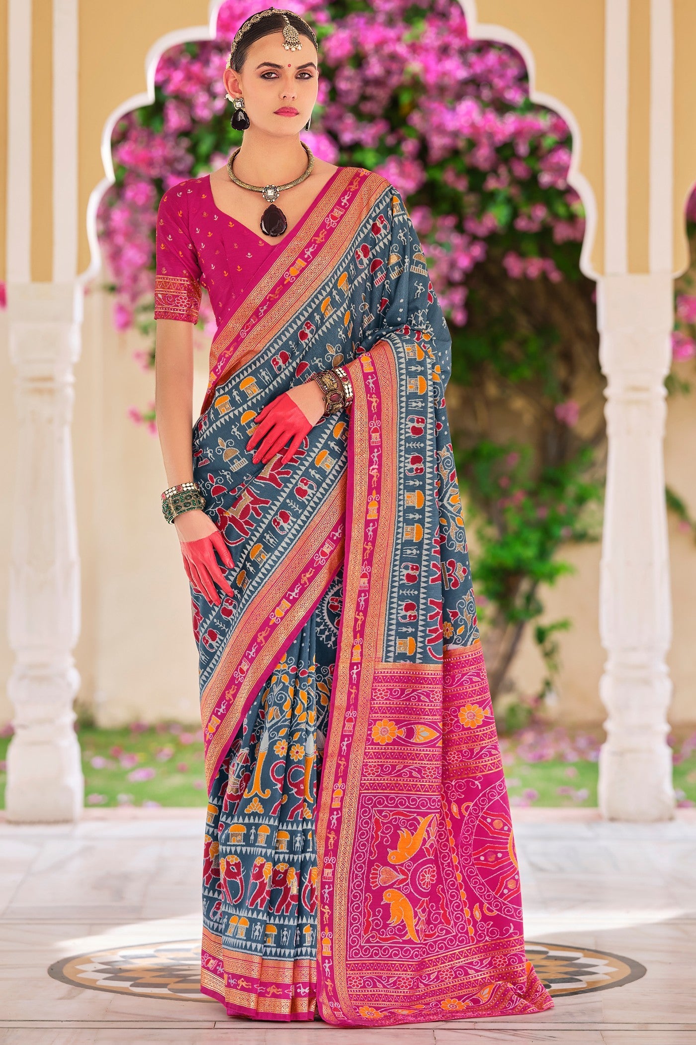 Horizon Blue and Pink Printed Patola Saree