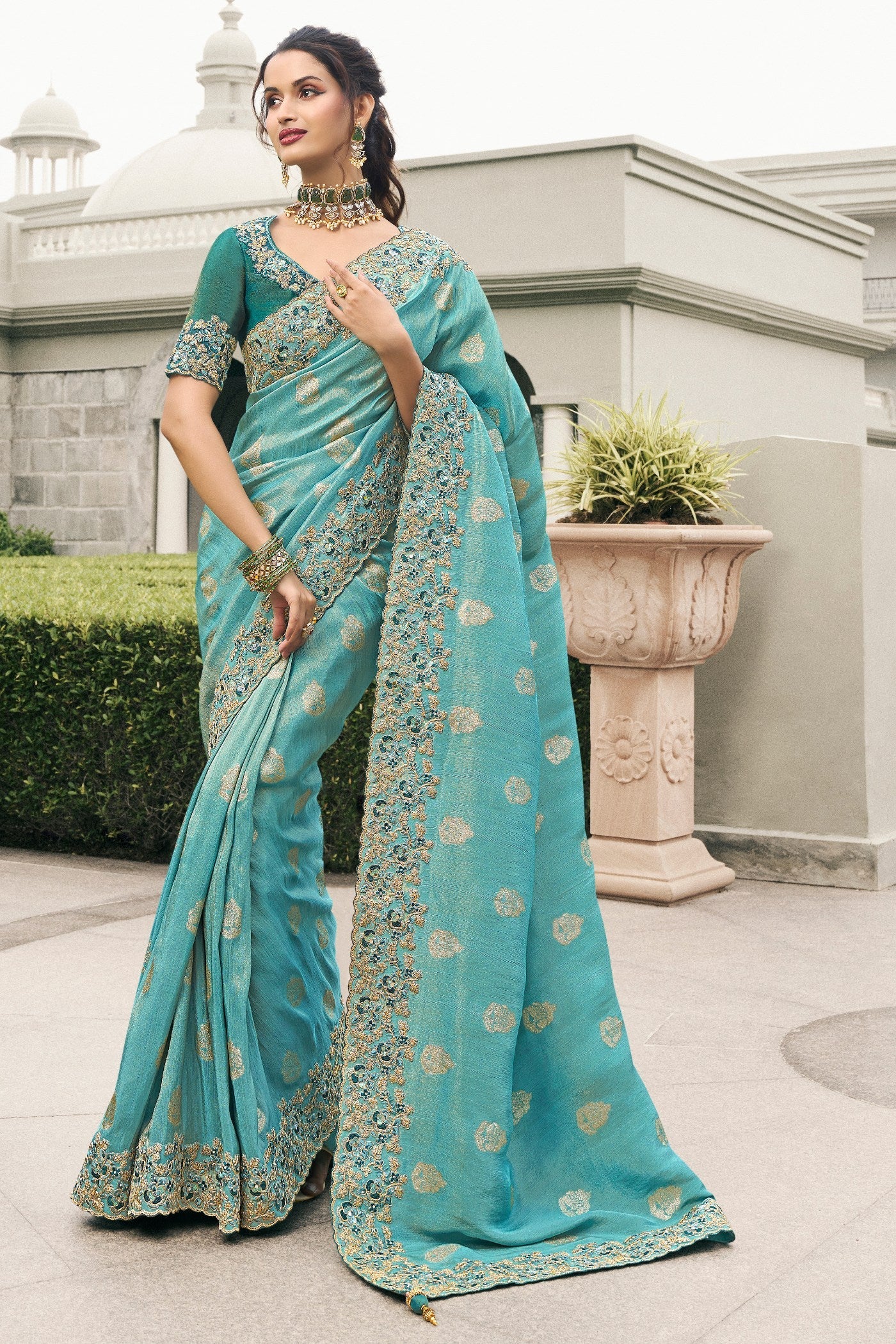 Sky Blue Banarasi Designer Embroidered Saree