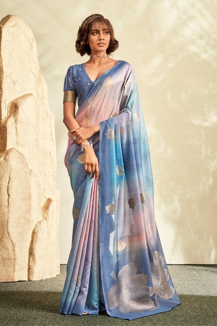 Waikawa Grey and Blue Banarasi Handloom Khadi Silk Saree