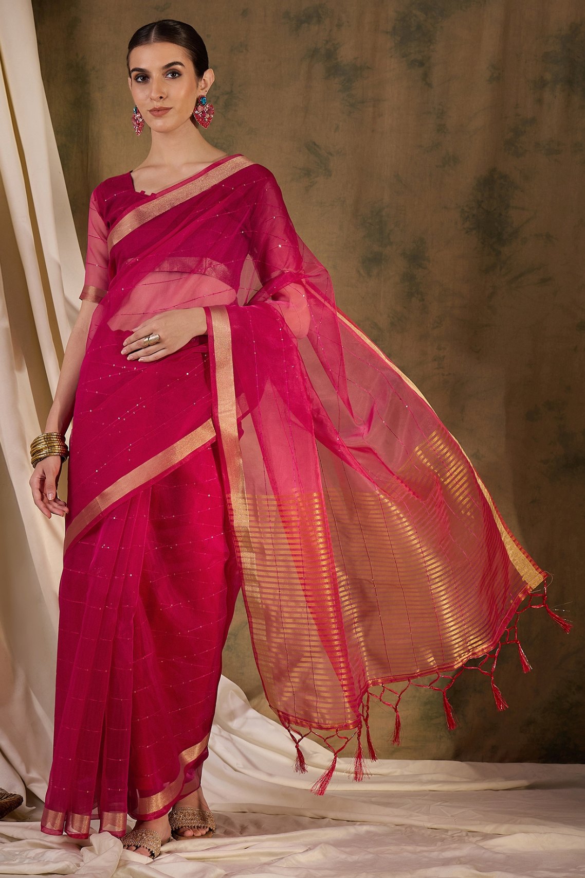 Rose Pink Woven Organza Saree