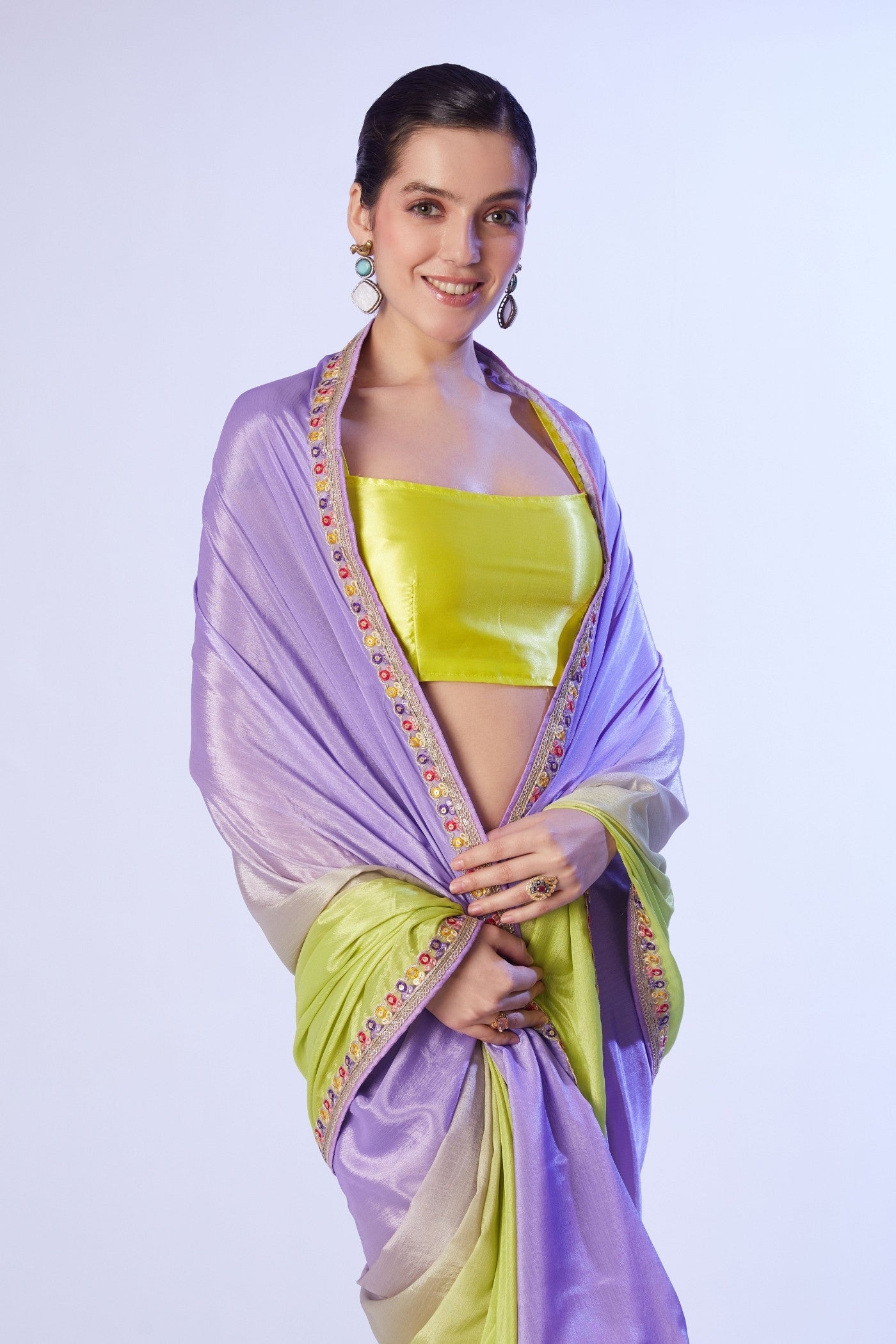 Neon Yellow and Purple Designer Partywear Saree