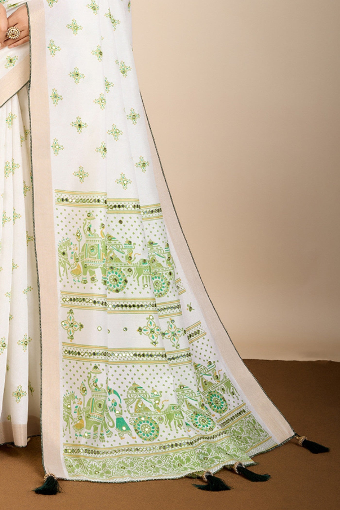 Swiss White and Green Printed Cotton Designer Saree