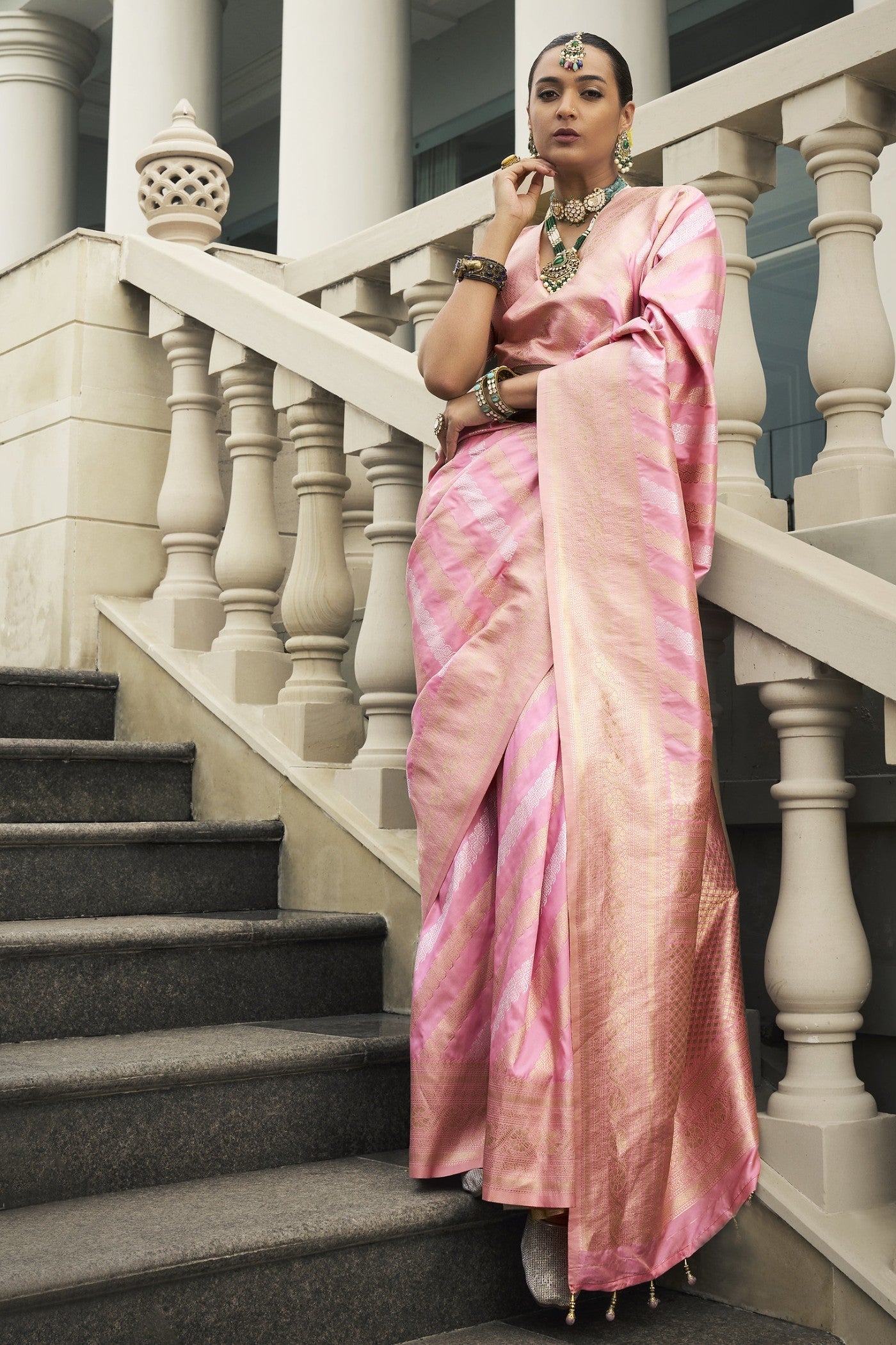 Rose Fog Pink Woven Banarasi Saree