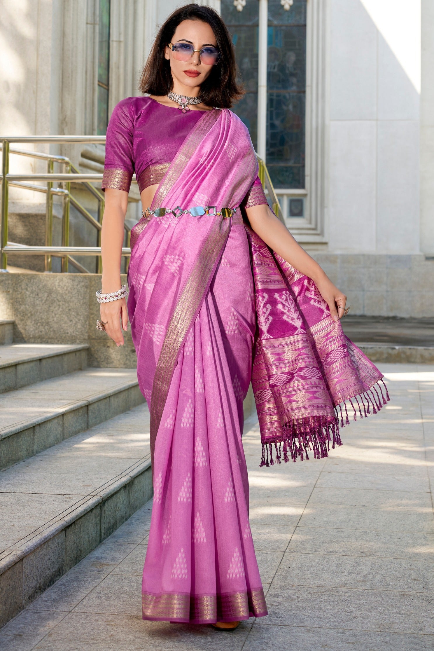 Mega Pink Ikkat Woven Banarasi Saree