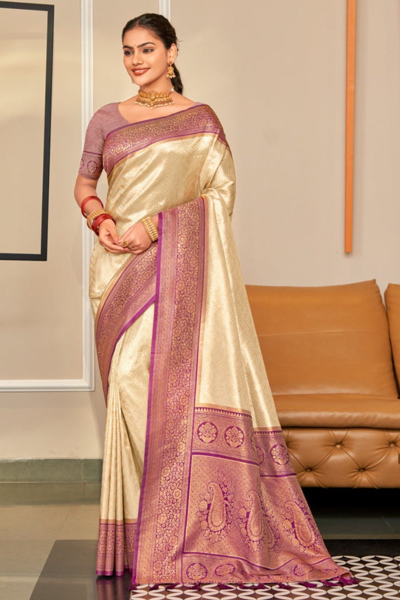 Butter Cream Zari Woven Kanjivaram Saree