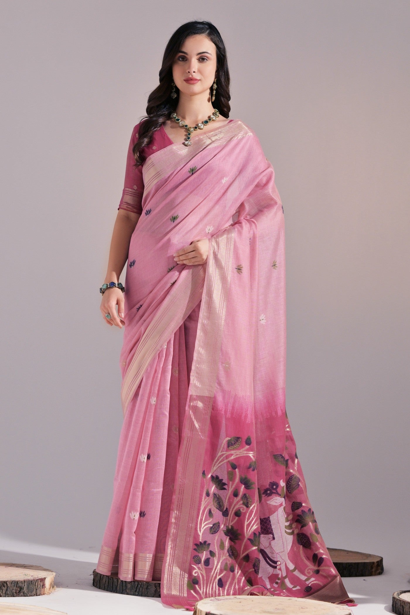 Baby Pink Woven Muga Cotton Saree